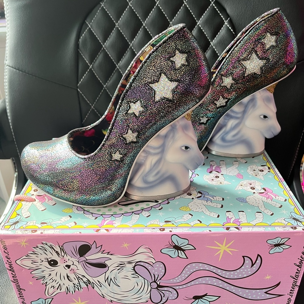 Irregular Choice Snowy Starlight unicorn wedges size US8
